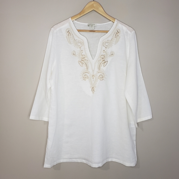 Saint Tropez West XLarge Beaded Long Sleeve Linen Cotton Shirt - Picture 2 of 11